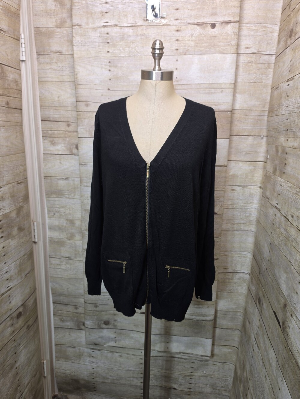 Black Zip-Front Cardigan with Pocket Zippers
